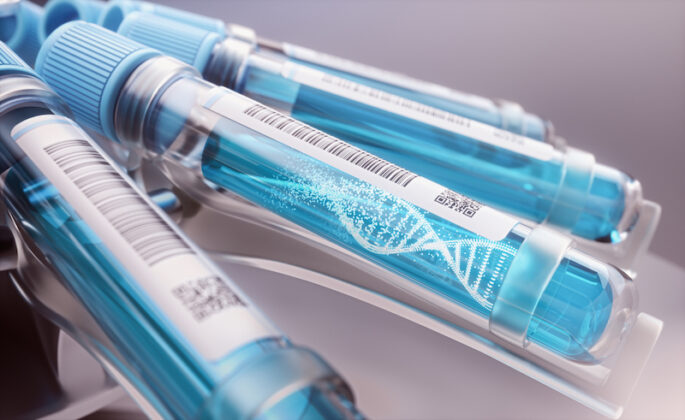 Molecule of DNA forming inside the test tube. 3D illustration, conceptual image of science and technology.
